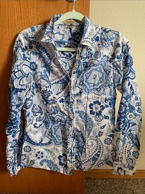 Peck & Peck Blue and White Paisley Long Sleeve Blouse